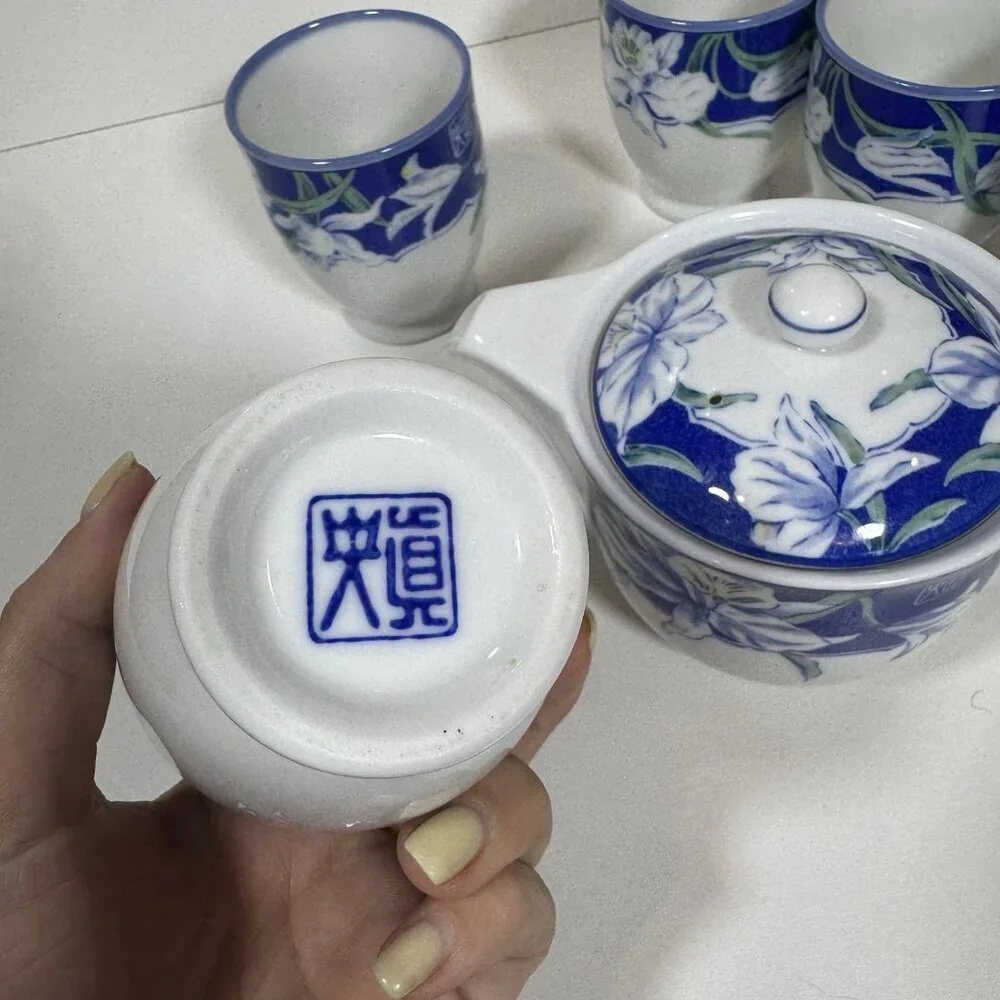 Vintage Arita Yaki Japanese Porcelain Kyusu Yunomi Tea Set Royal Iris Blue White